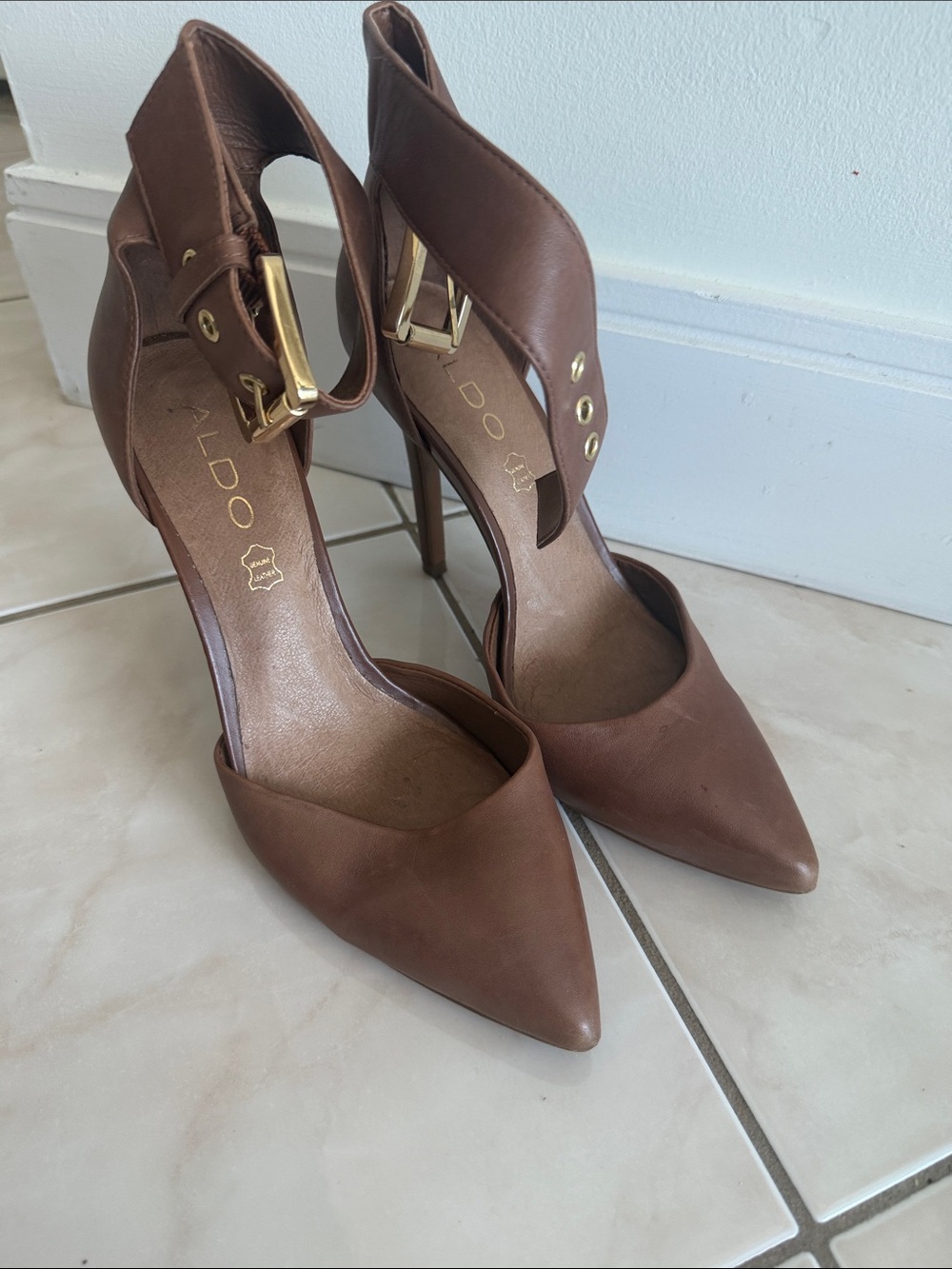 Aldo Brown Pointed-Toe Ankle-Strap Stiletto Heels